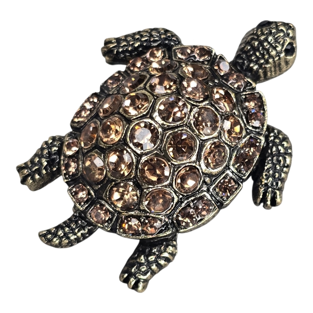 Antique Gold Topaz Sea Turtle Rhinestone Brooch Pin Pendant Coastal Boho Vintage